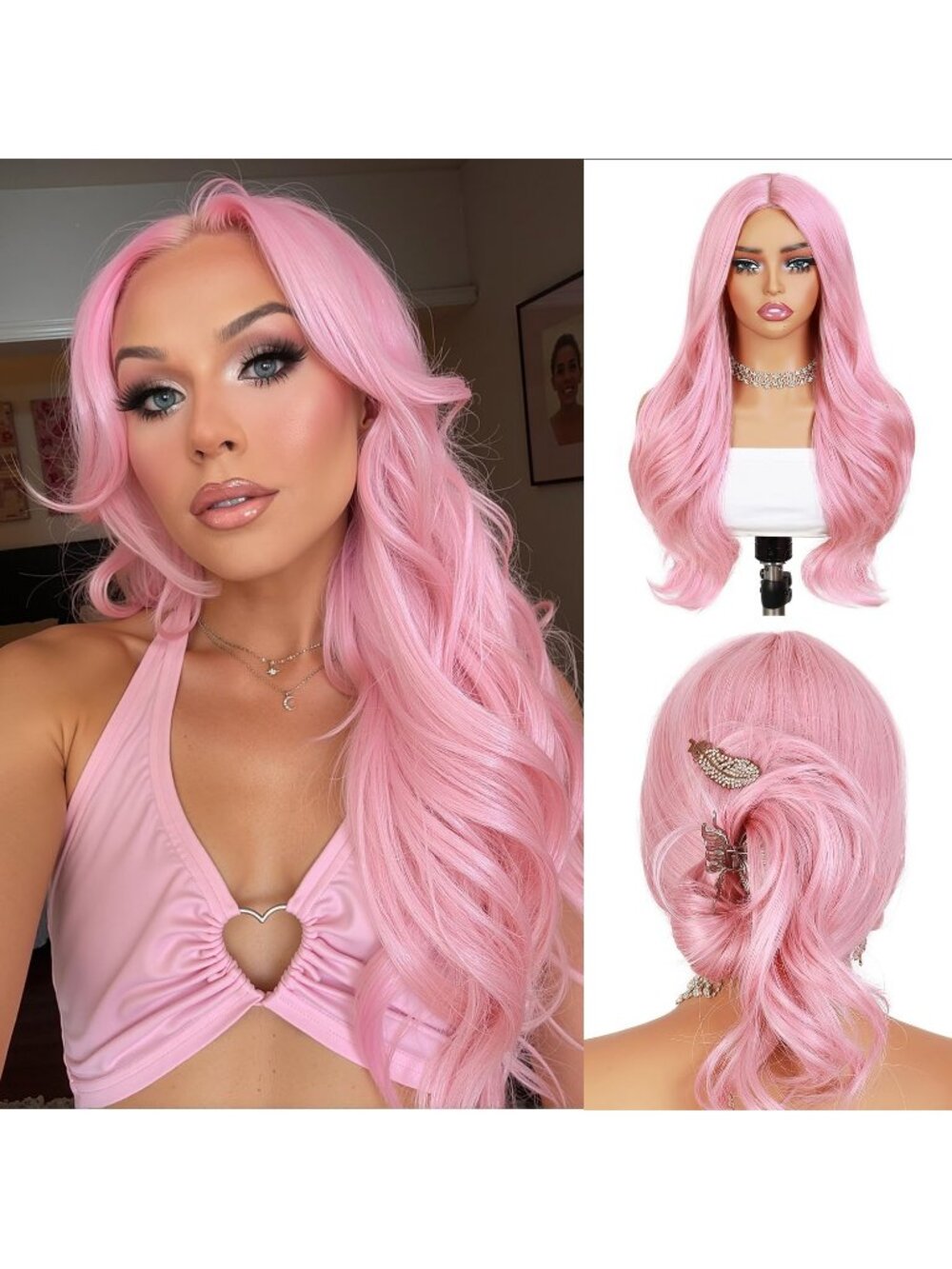 28Inch Women's Fashion Pink Soft Long Synthetic Wavy Curly Wig with Bangs